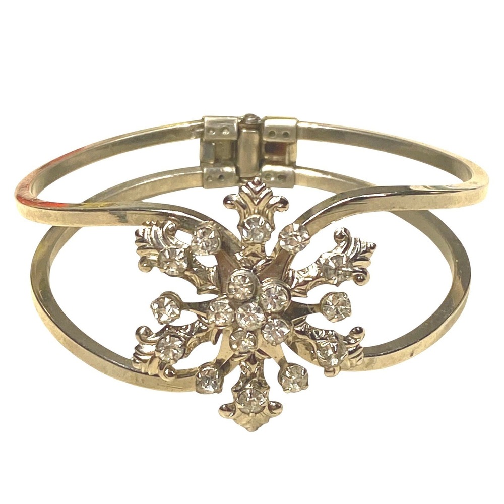 VINTAGE CLAMPER BRACELET SILVER‎ TONE PRONG SET CLEAR RHINESTONE BRACELET
